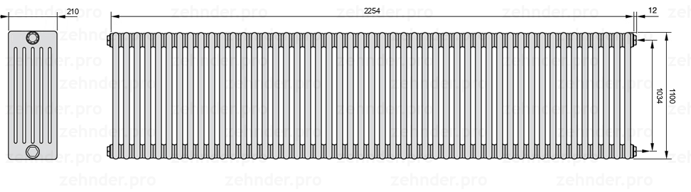 Схема (чертеж) Радиатор Zehnder Charleston 6110/49 №7610 Белый глянцевый RAL 9016